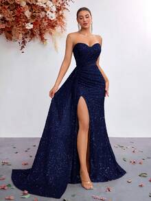 ADYCE 女士亮片心形领抹胸网纱拼接高腰长款开衩连衣裙，适合舞会、派对、正式晚宴、新年等场合 - 藏蓝色 - 查看 8