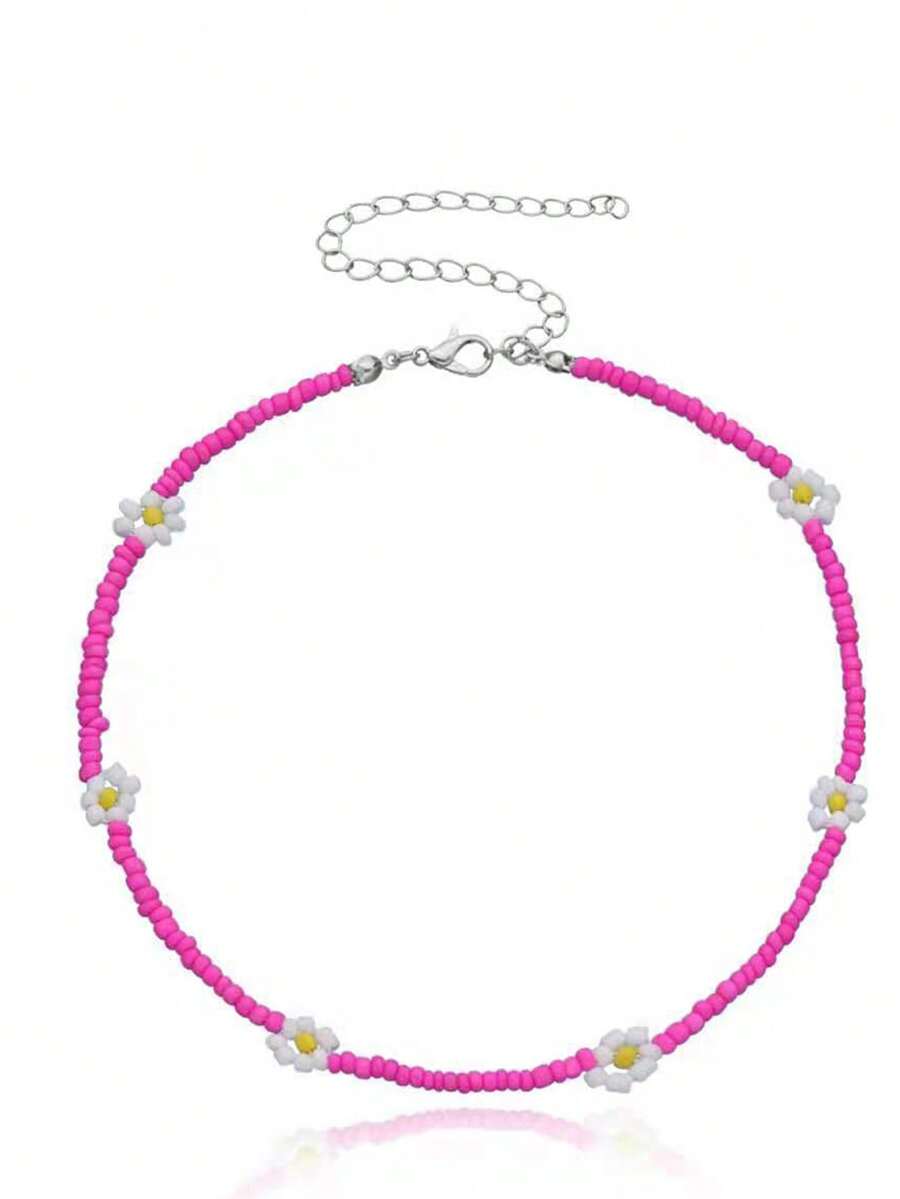 1 chiếc vòng cổ hoa cúc dệt hạt cườm dành cho nữ, vòng cổ choker phong cách Bohemian - Màu Hồng Tươi - Xem 1