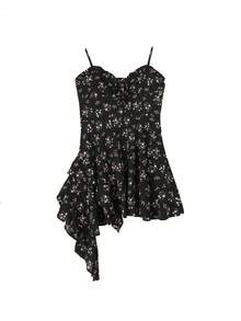 女式休闲度假风格碎花不对称下摆吊带背心迷你连衣裙，夏季 - 紫色 - 查看 5