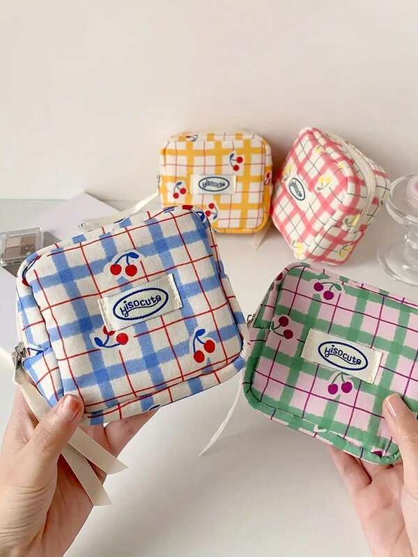 Cute Cherry Plaid Lipstick Organizer Cosmetic Bag/Makeup Tool Pouch/Coin Purse/Sanitary Pad Holder