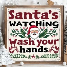 1 pezzo Cartello in stile fattoria "Babbo Natale ti guarda mentre ti lavi le mani", opera d'arte da parete in legno incorniciata, stile classico di fattoria, senza bisogno di elettricità, decorazione festiva polivalente, adatta per Natale, Ringraziamento, Capodanno, universale, quadrata