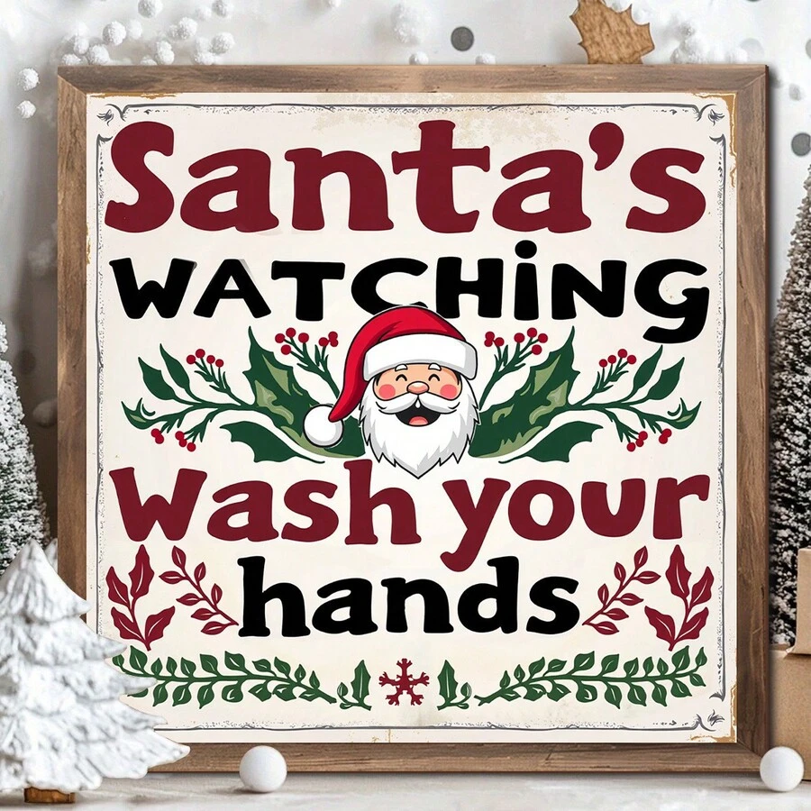 1 pezzo Cartello in stile fattoria "Babbo Natale ti guarda mentre ti lavi le mani", opera d'arte da parete in legno incorniciata, stile classico di fattoria, senza bisogno di elettricità, decorazione festiva polivalente, adatta per Natale, Ringraziamento, Capodanno, universale, quadrata