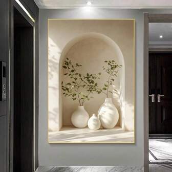 1 件无框帆布艺术印刷品 - 现代抽象花瓶和植物设计，适合客厅和卧室的优雅墙面装饰，Lansdcape 家居装饰 | 中性色调装饰 | 帆布墙面艺术