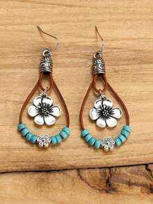 1 Pair Bohemian Style Alloy Plum Blossom Pendant With Turquoise Beads, Double Layer Dangle Earrings, Vintage Fashionable Jewelry Women, Suitable All Seasons - 許多 - 查看 3