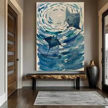 1pc, Abstract Watercolor Manta Ray Ocean Wall Art Canvas Print, Modern Marine Life Decor For Living Room, Tranquil Coastal Theme Underwater Artwork, Blue Aquatic Animal Home Decoration - 彩色 - 查看 1