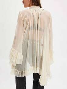 Women's Ruffled Tops Bow Tie Design Long Sleeve Peplum Lace Trim Chiffon Shirt Sheer V Neck Boho Ruffle Beach Blouse - Màu be - Xem 4