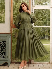 Anewsta Vestido de Manga Longa Plus Size Feminino com Cintura Franzida, Gola Alta, Design de Manga Bufante, Vestido de Gala - Verde Oliva - Visão 7