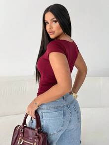 Basic Women's Baby Look Blouse With Square Neckline And Short Sleeves, Versatile Casual Fashion, Blogger - Màu Đỏ Sâu - Xem 3