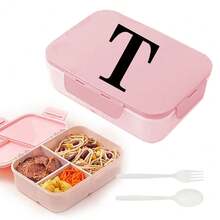 Caja de almuerzo de plástico con 3 compartimentos y patrón de 26 letras, de gran capacidad, apta para microondas, contenedor de almacenamiento de alimentos, caja bento portátil con cuchara y tenedor, adecuada para picnic, oficina, aperitivos - Rosa - Ver 35