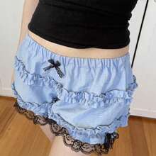 Women's Summer Ruffled Shorts With Black Lace Trim For Daily Wear With Bow Detail And Layered Design - 藍色 - 查看 2