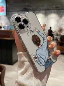 1 件透明彩绘咖啡女孩加厚防摔彩绘手机壳适用于 16/11/16pro/16plus/16promax/16e/15Promax/13/14/12/XS/XR/7G/8P，适用于三星 Galaxy 11/12Pro/12/12X/13Pro/14Pro/15Pro/，适用于 Redmi 10/9/Note9/12c/Note11pro/Note8Pro - 彩色 - 查看 3