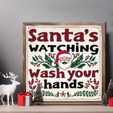 1 pezzo Cartello in stile fattoria "Babbo Natale ti guarda mentre ti lavi le mani", opera d'arte da parete in legno incorniciata, stile classico di fattoria, senza bisogno di elettricità, decorazione festiva polivalente, adatta per Natale, Ringraziamento, Capodanno, universale, quadrata