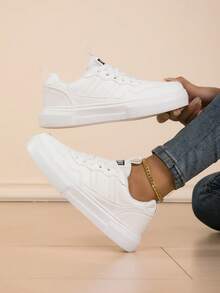 Women's Low-Top Lace-Up Casual Sneakers - Fashionable Side Stripe Design - Stylish & Lightweight - Suitable For Daily Wear - White - View 2