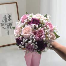 Artificial Rose Wedding Bouquet, Wedding Flower Bouquet, Artificial Silk Fabric Bouquet, Bridal Bouquet, Valentine's Day Gift, Home Tabletop Artificial Flower Bouquet Ornament - 紫色 - 查看 2