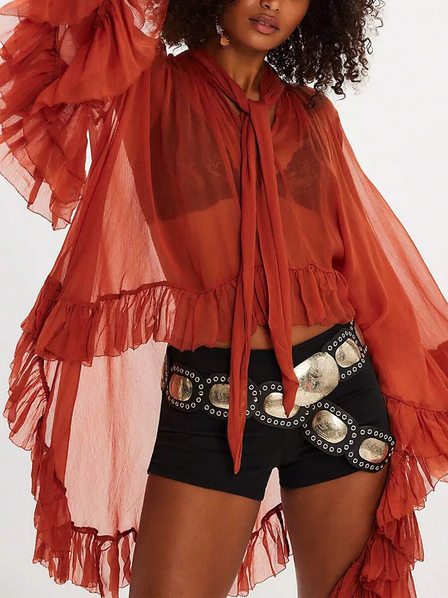 Women's Ruffled Tops Bow Tie Design Long Sleeve Peplum Lace Trim Chiffon Shirt Sheer V Neck Boho Ruffle Beach Blouse - 紅色 - 查看 1