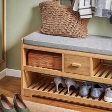 SoBuy FSR75-N, Bamboo 2 Tiers Shoe Rack Shoe Bench With Seat Cushion, Hallway Shoe Storage Bench Organizer With Drawer