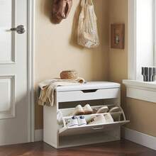 SoBuy FSR95-SCH, Hallway Shoe Rack Shoe Bench Shoe Cabinet With Folding Padded Seat & Flip-Drawer, Black - White - View 10