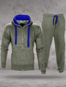 LoveMyFashions Men's 2pcs Set Tracksuit Full Sleeve Solid Color Drawstring Waist Zip Up Hoodie & Sweatpants Two Pieces Set With Pockets - Khaki/Blue - View 4