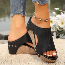 Vintage - Style Thick - Soled Wedge Women's Slide Sandals, Featuring Rivet Decorations, Simple And Versatile, Perfect For Vacations, Leisure Time, Daily Shopping Trips And Outings. - 黑色 - 查看 3