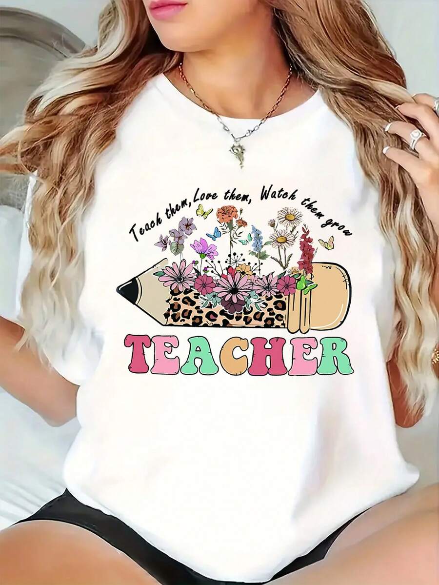 Women's Fun Graphic Round Neck T-Shirt, Casual Short Sleeve, Summer T-Shirt