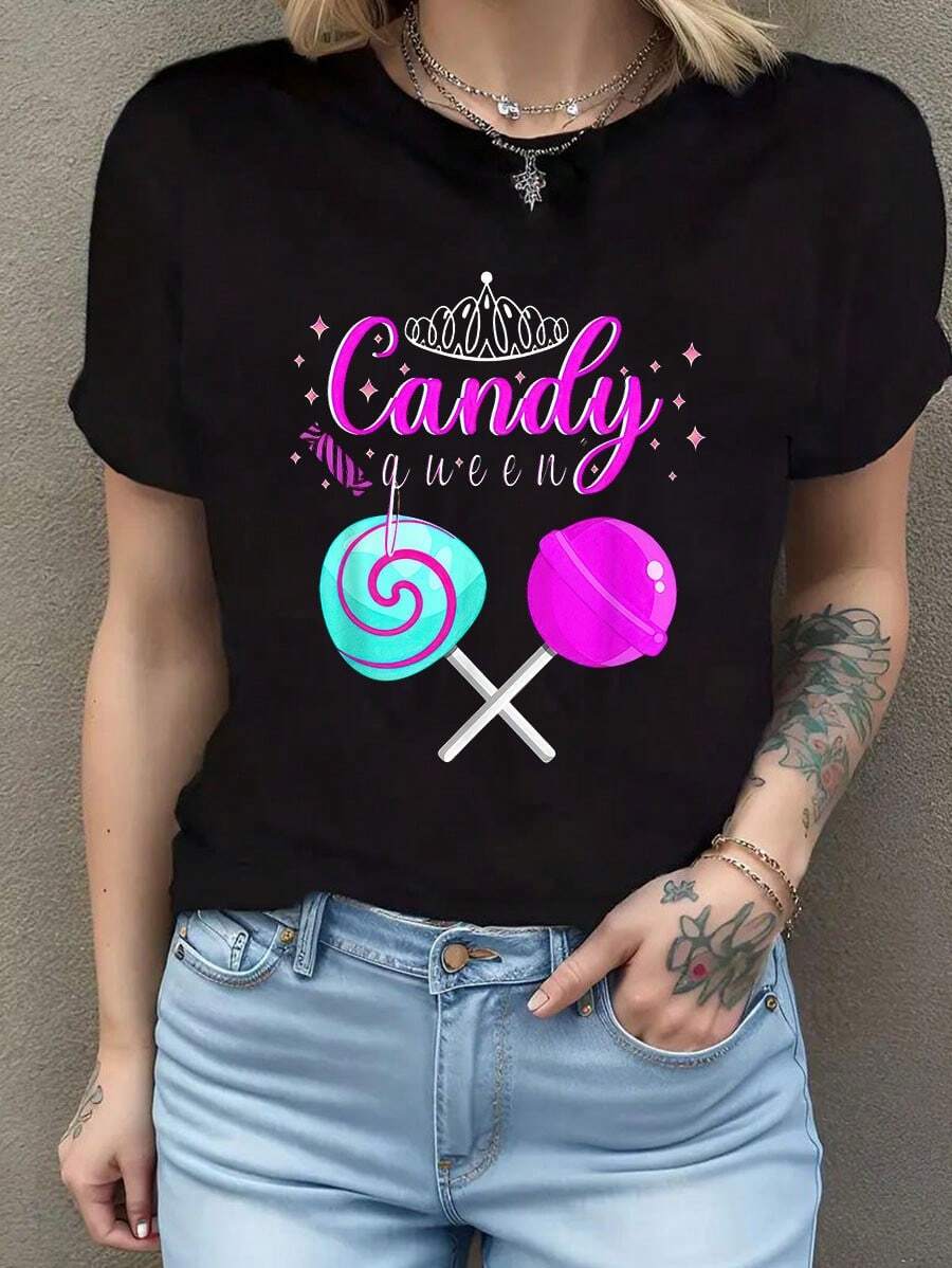 Camisetas divertidas de Halloween de la Reina de los Dulces para las amantes de las piruletas, camisetas casuales de moda para mujer, camisetas de cuello redondo a para mujer Camiseta de manga corta de algodón de 220 g, impresión por una cara - Negro - Ver 1