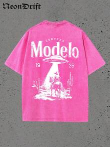 Y2K, Cool,UFO,Outdoor Sport,Modern Streets,Fashionable Pure Cotton Vintage Washed Men's T-Shirt, A Surprise Gift For Family And Friends, With Drooping Shoulder Sleeves And Round Neck,High-Quality Batik Cotton Retro Fashion Brand T-Shirt,A Certain Thickness Suitable For Summer T-Shirts, Holiday Gifts. - Màu Hồng Tươi - Xem 2