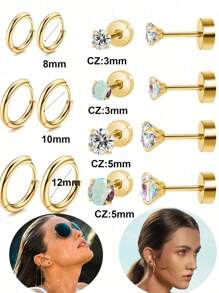 DAILI Gold Earring Sets For Women Multiple Piercing Titanium Stainess Steel Stud Earrings For Sensitive Ears Dot Ball Opal Cubic Zirconia, 20 Gauge, Stud And Hoop Earrings Set Titanium Earrings With Flat Back For Women 3-8 Psirs