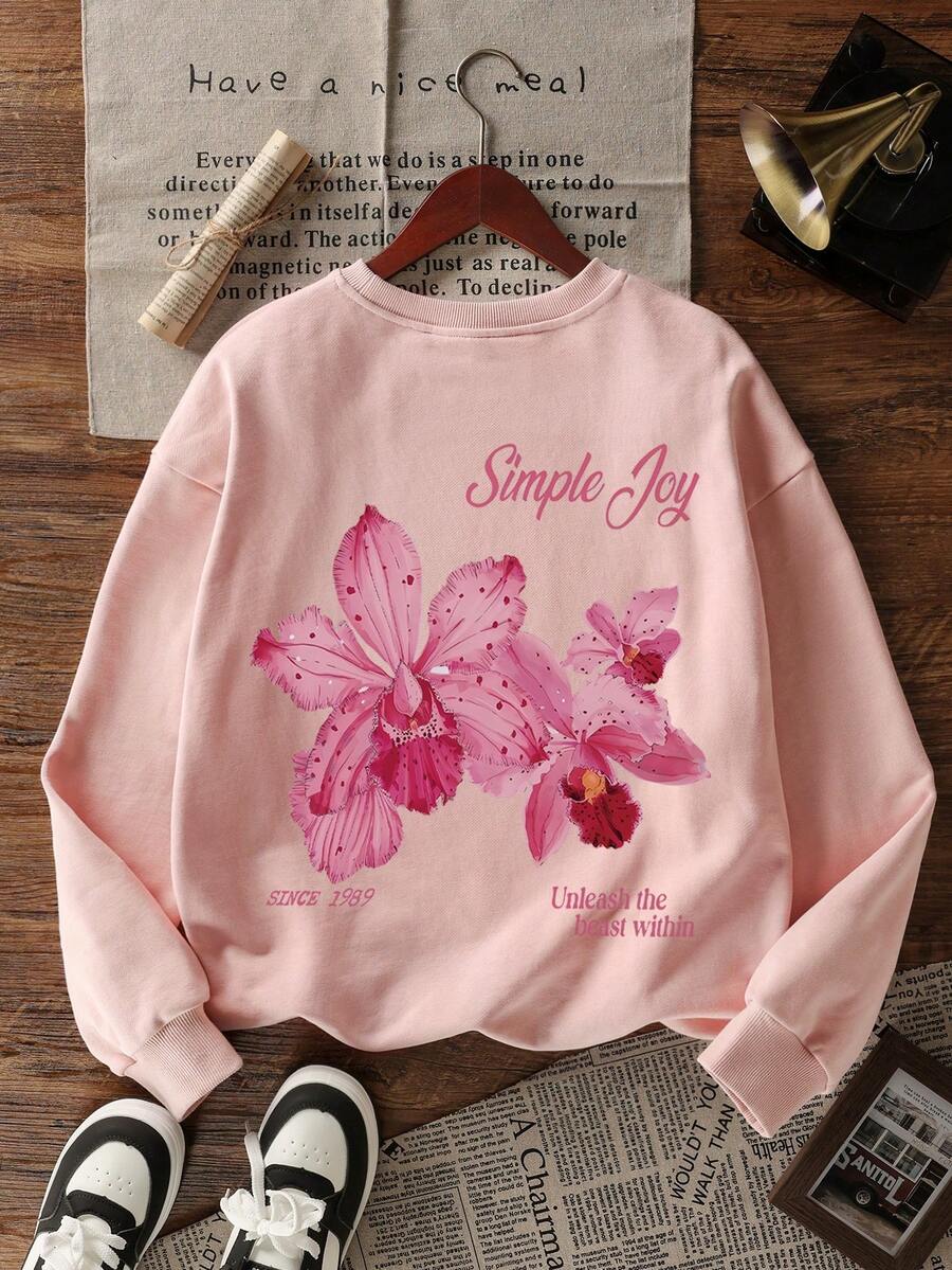 Sudadera casual de mujer con estampado floral y cuello redondo, de moda y versátil, adecuada para otoño/invierno