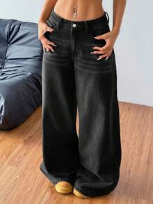 Teen Girls' Black Pocketed Wide Leg Loose Casual Versatile Jeans - Black - View 2