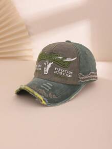 1pc Men's Color Block Embroidered Letter Distressed Washed Vintage Motorcycle Cap, Sun-Shading Fashion Baseball Hat, Streetwear Casual