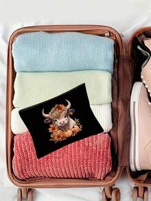 Bolso de mano de lino negro con estampado de vaca de las tierras altas, diseño de estilo campestre con patrón de vaca de las tierras altas, bolsa de cosméticos de gran capacidad con cuerda de mano, regalo de Navidad, monedero de lino negro, bolsa de compras negra, bolsa de cosméticos, con diseño de estampado de letras y patrones artísticos para mujer, de vuelta a la escuela, uso diario como bolsa de compras conveniente, regalo de agradecimiento para maestros, bolso de lona de gran capacidad para mujer, conjunto de bolso y estuche de maquillaje