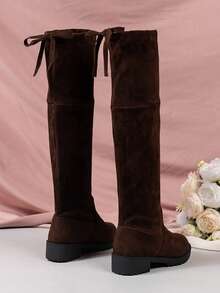 1 双女童过膝靴，纯色，绒面革材质，系带鞋跟，圆头，低粗跟，时尚百搭，弹力靴，适合日常穿着 - 棕色 - 查看 3