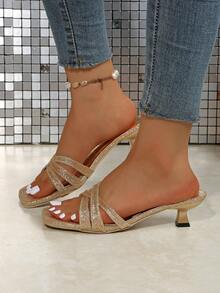 Gold Glitter Slip-On Women's Criss-Cross Strap Kitten Heel Sandals, Suitable For Dates/Parties - Gold - View 3