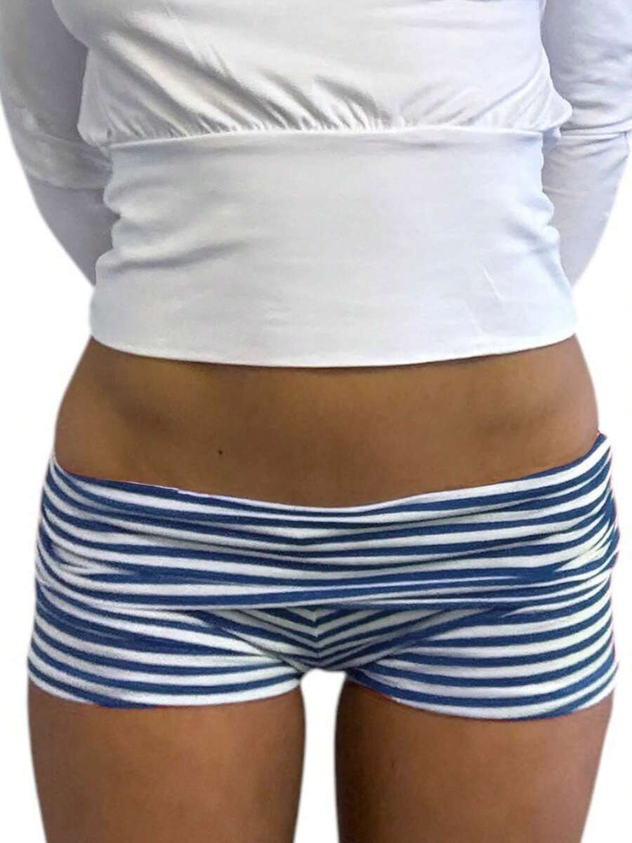 Women's Striped Polka Dot Mini Shorts Low Waist Slim Fit Bottom Casual Shorts - Màu xanh lam - Xem 1