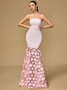 Damen schulterfreies einfarbiges, körperbetontes, mit Mesh-Saum verziertes Ballkleid, geeignet für Bankette, Cocktailpartys und andere Anlässe - Pink - Übersicht 3