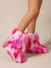 女式人造毛皮靴毛茸茸圆头绒面革冬季舒适毛绒保暖短款户外室内平底鞋中筒靴时尚靴子 - 彩色 - 查看 1