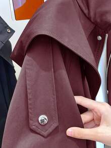 1 chiếc áo khoác dài dệt vải trơn màu có túi rút cài nút phía trước, thường ngày cho mùa xuân/thu - Màu Đỏ Sâu - Xem 5
