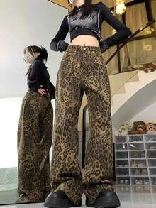 Vaqueros con estampado de leopardo para mujer, vaqueros holgados de cintura alta que combinan con todo, pantalones rectos y anchos - Marrón - Ver 3