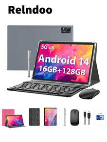 Relndoo 10.1 Inch Android Tablet, Android 14 Tablets, 16GB RAM+128GB ROM, Octa-Core Processor, Supports 1TB SD Expansion, 802.11n Wifi 2.4G/5G Wireless, 5MP+8MP Dual Camera, 6000mAh Battery, 1280*800 IPS HD Screen, Tablet PC With Leather Case, Mouse, Stylus, Keyboard, Protective Film, Cable (No Adapter)-PINK - Hồng - Xem 1
