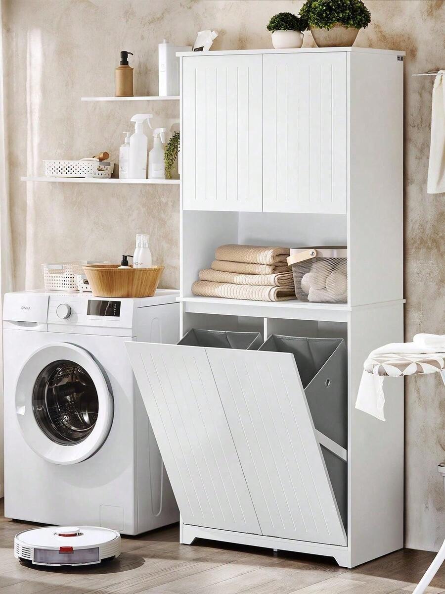 SoBuy Bathroom Tall Cabinet Cupboard Bathroom Storage Cabinet With 2 Laundry Baskets White W70 X D37 X H170cm BZR150-W Home Bathroom Decor Bathroom Organizer Summer Bathroom Accessories - trắng - Xem 1