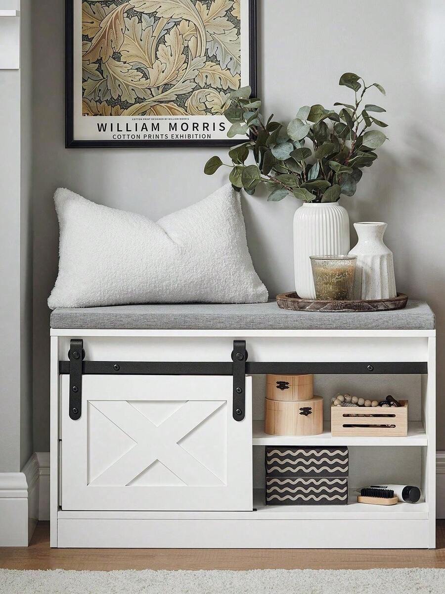 SoBuy Hallway Shoe Bench Shoe Rack Shoe Cabinet With A Sliding Door And Seat Cushion White W80 X D30 X H49cm FSR153-W - White - View 1