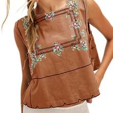 Women Flower Embroidery Tank Top Vest Sleeveless Crewneck Side Slit Going Out Top Shirts Streetwear - 咖啡色 - 查看 2