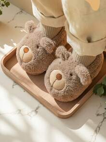 1 par de pantufas infantis de pelúcia com estampa de urso de desenho animado, antiderrapantes, de salto baixo e quentes para uso interno, adequadas para outono/inverno - Caqui - Ver 3