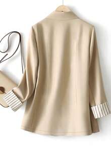 Women's Cuff Striped Patchwork One Button Regular Blazer - Khaki - View 2