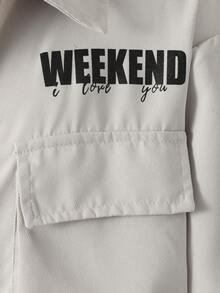 Tween Boy Loose Fit Outdoor White Letter Print Shirt, Autumn