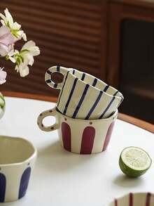 1 件简约条纹格纹陶瓷杯，早餐牛奶燕麦杯，家用下午茶咖啡杯，果汁饮料杯，情侣水杯，送给家人和朋友的节日礼物杯 - 彩色 - 查看 9