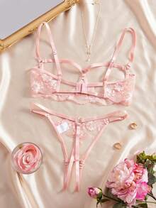 女士镂空刺绣性感内衣套装 - 粉色 - 查看 5