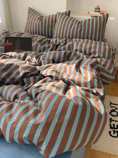 3pcs 100% Cotton Nordic Style Blue & Beige Striped Bedding Set, 2 Pillowcases + 1 Duvet Cover