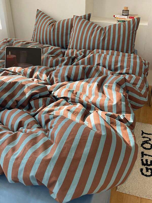 3pcs 100% Cotton Nordic Style Blue & Beige Striped Bedding Set, 2 Pillowcases + 1 Duvet Cover