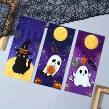 50pcs Halloween Candy Bags With Black Cat, Ghost, Skull And Pumpkin Patterns, Party Favor Bags With Gold Twist Ties, Halloween Treats, Happy Halloween Gift Bags, Halloween Party Supplies, Halloween Home Decor - Multicolor - View 2